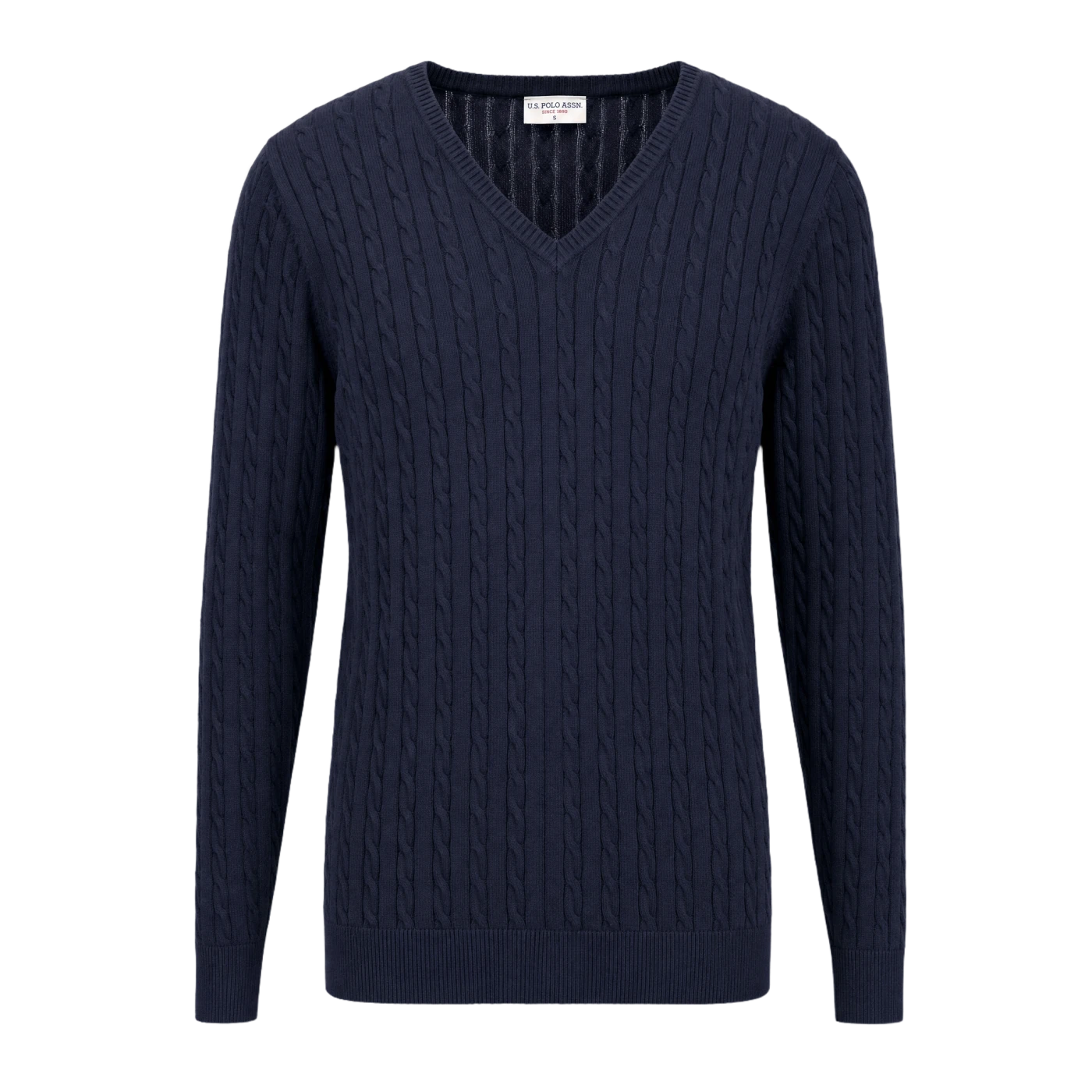 Granatowy sweter U.S. Polo Assn. z warkoczowym splotem i dekoltem V — przód